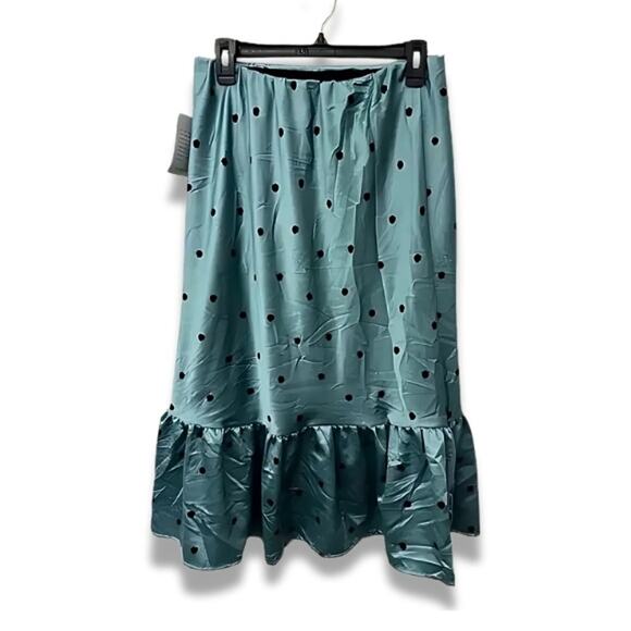 Forgotten Grace Polka Dots Skirt Ruffled Bottom Satin Blue Black Women's L NWT - Picture 4 of 8